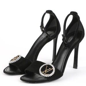 Louis Vuitton Crystal Logo Cherie suede black sandal heels RETAIL 1500